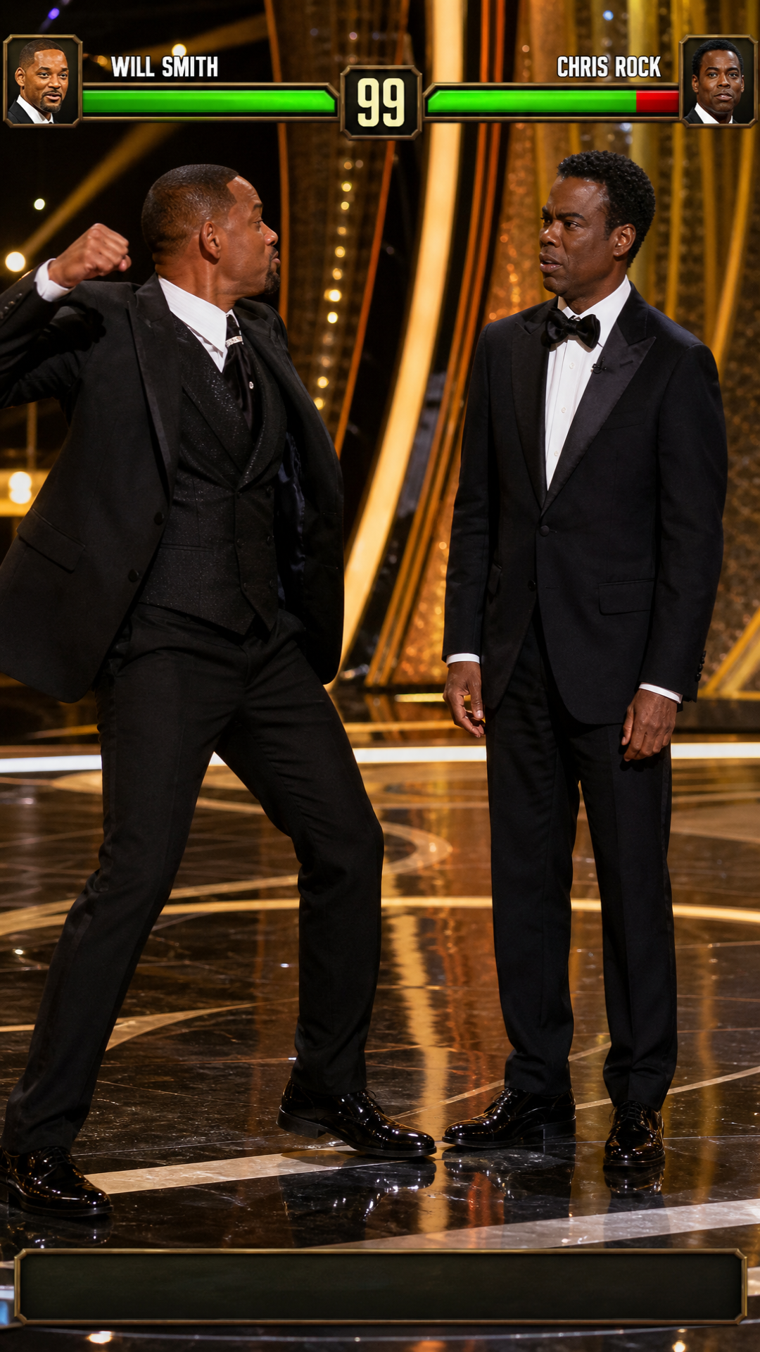 will smith and chris rock stage slap game ,, scene 1 (this should show themon stage right b4 the slap ) is intro, scene 2 chris rocks speaks then will smith walks on stage to him , scene 3 will smith slaps chris rock , scene 4 chris rock defends himself he dodges the slap then gives will smith a chokeslam just 4 nodes keep it simple