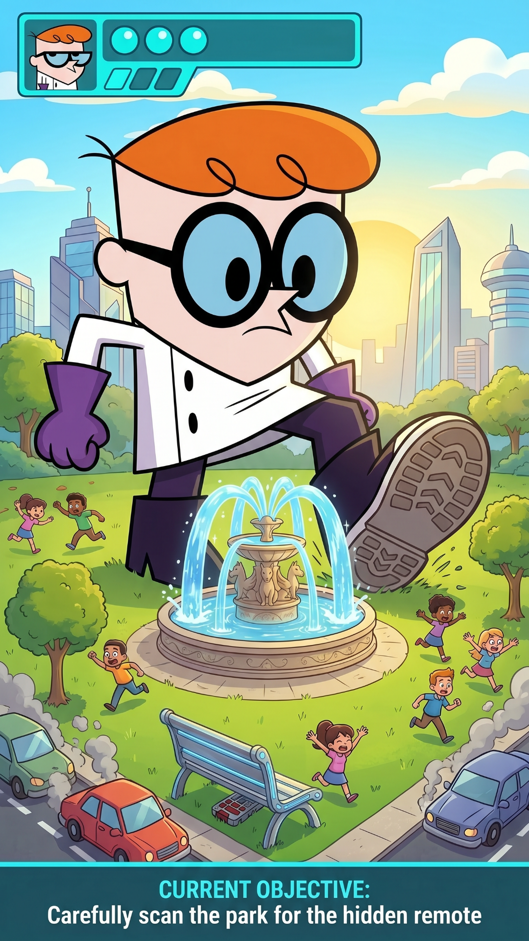 Update: 'update this as it feels rushed we didnt get the scemn of dexter enter the park both huge and small and didi get the scene where , dee dee hides the remote in the first place , the user playing the game will have no incentive
', Original prompt:'Dexters Laboratory , , dee hides dexters all controlling remote in the park , Dexter enters his laboratory, he and walks up to 2 machines (Minificator and Humungus), user chosses the minificator and dexter is tiny walking into the park looking around , then he is gettting chased by an ant , but deedee helps him while laughing at him saving him from the ant , choosing Humungus dexter is as tall as a sky scrapper walking into the park every body is running then he spost the remote and steps on it , then he screams dee dee , dee dee starts laughing , then he picks her up with one hand and she looks scared '