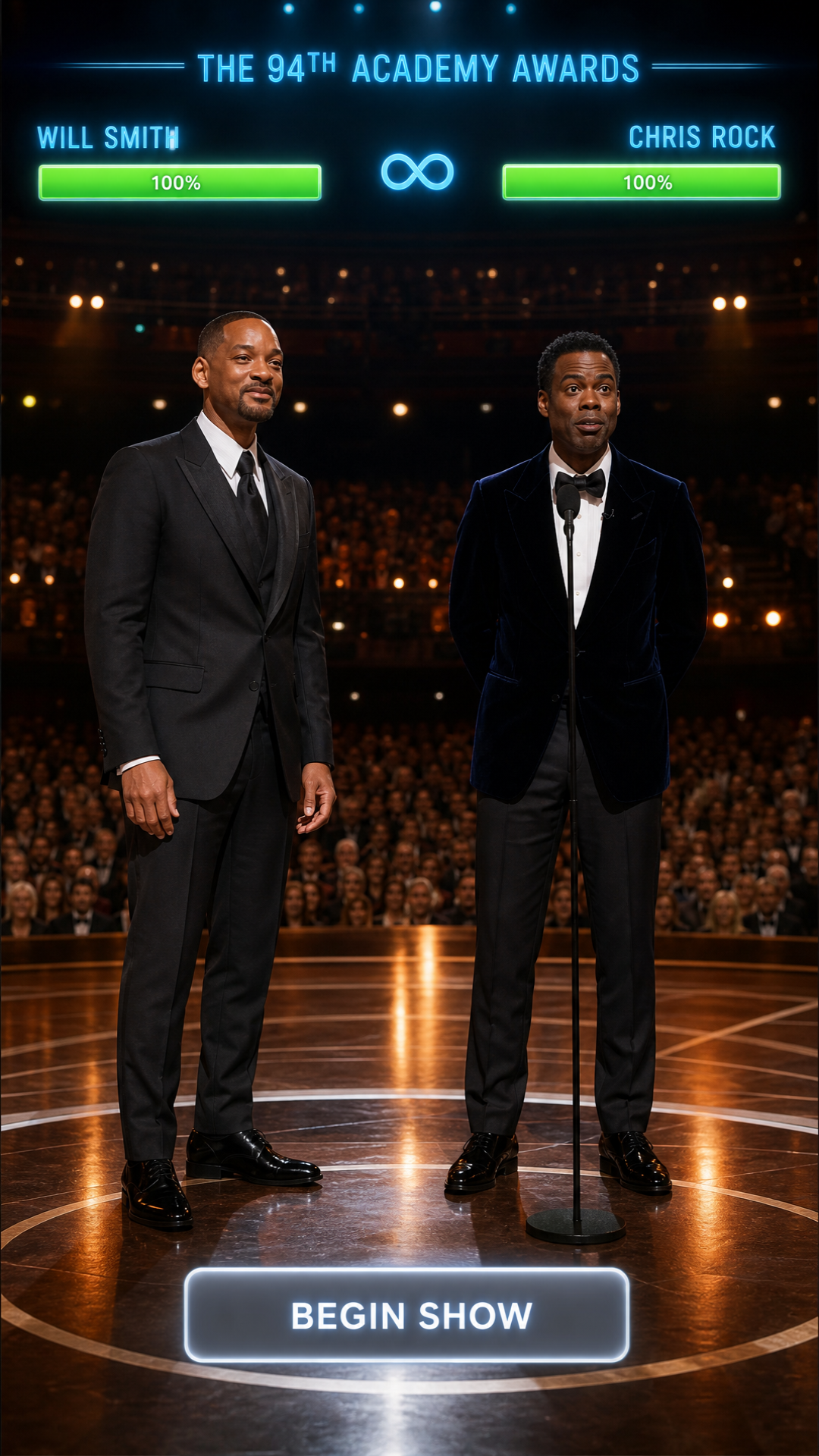 will smith and chris rock stage slap game ,, scene 1 (this should show themon stage right b4 the slap ) is intro, scene 2 chris rocks speaks then will smith walks on stage to him , scene 3 will smith slaps chris rock , scene 4 chris rock defends himself he dodges the slap then gives will smith a chokeslam just 4 nodes keep it simple