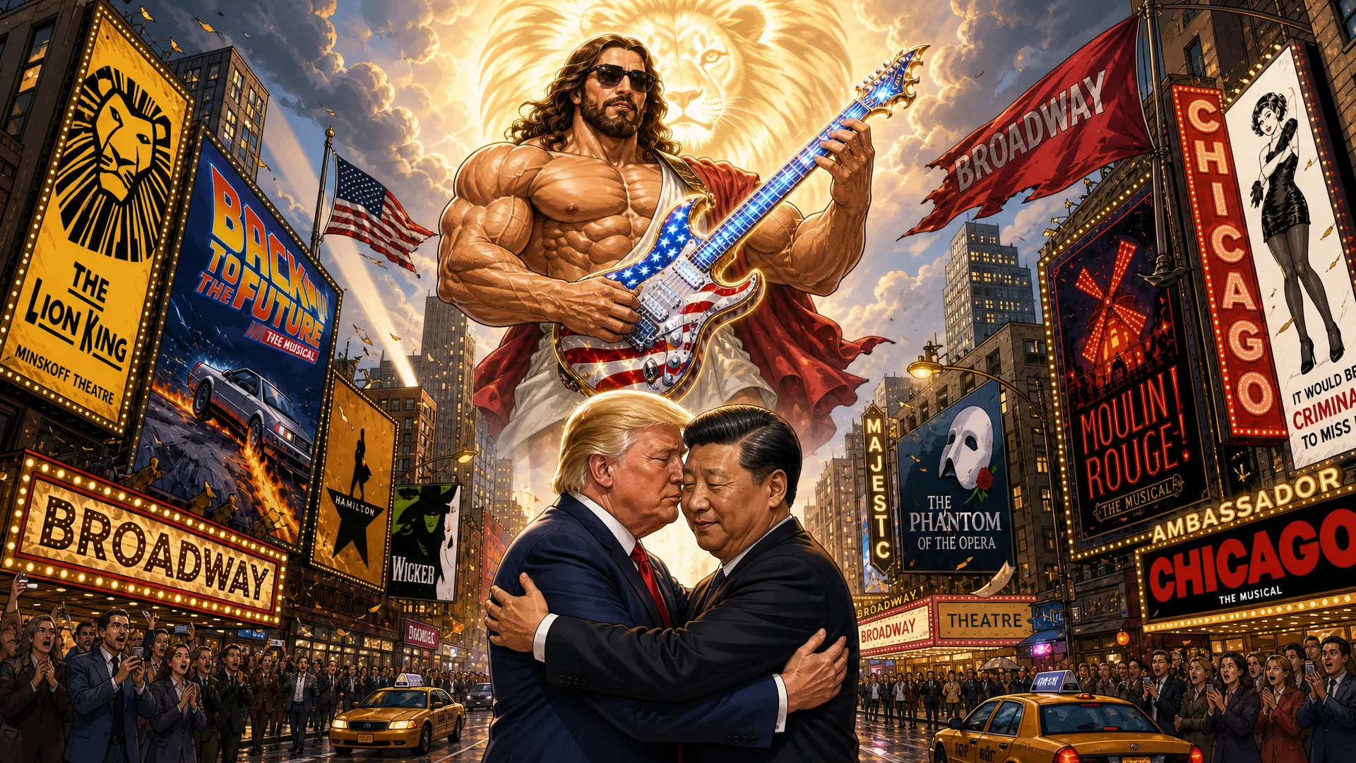 This is a highly passionate and energetic music Video with the topic being a very Muscular  and Huge jesus christ with a very big chest and massive arms appear in the world Cup staduim , on a stage the stage literally animmates from thing air in the stadium, then  a very Muscular  and Huge jesus christ is seen wearing his normal Robe garmet but with rebans glasses on and a usa all color heavenly guitar then he perfroms the intro of the song the crowd looks amazed in awe , some want to cry , then we me through the song with jesus in multiple scenario in a very high extreme intensional passion and extremely music and emotional high impact set of scenes as jesus came to perform this song in his quest for peace , external song will be added so this is in general a visual construction constraints for all multiple scenario scenes will be provided. JeSUS CHRIST has a guitar named Calibri(Guitar Calibri is all american flagged colored and has a heavenly look) song style from suno:'Arena rock anthem with a driving 4/4 beat at 130 BPM in the key of E major, Distorted electric guitars play palm-muted eighth-note power chords in the verses, opening up to sustained chords in the chorus, A prominent synth lead with a saw-wave texture doubles the vocal melody during the hook, The drums feature a heavy kick on every beat with a gated reverb snare on 2 and 4, A gritty bass guitar follows the kick drum pattern, Male vocals are delivered with a raspy, belt-style technique, supported by layered group harmonies in the chorus, The arrangement builds with rising synth risers and cymbal swells leading into the refrain' Scene 1: scene 1 this should have 3 stages , this will be an image with the outside of the stadium showing in a professional way and second shot should be a close up of the stage inside the staduim where jesus christ basically already half fazing in with his angelic band all (white scary looking and beautiful angels they have multi color filled eyes some have only bues hues etc some have all colors in eyes etc and look young and slender and long ) jesus christ half fazing in magically all white looking magic like whit beautifule shiny sandy dusts diamonds fazing in while holding his guitar and the rest of the band on their instrument they should be (3 angels) , then use the as a main as a main third stage jesus completely fades in then he starts singijng and dancing with his band emotionally and intensely , the beat just start and the instrument are going wild and the main attension is jesus christ here as he is doing a guitar solo intro the moment he is in view Scene 2: this has 3 stages he continues his guitar solo , finshes it then starts singing in the second stage he should walk close to the frame and sing to the frame very Upclose and personal (show he slightly far from the frame as a video model will be used on all scenes later as i would make the character walk to the frame then while sing for this scenario ) while he is singing i want realistic lo0king t rex dinosaurs to appear in with that white dust from the left and side of the stage these dinosaurs are all white colored and have gold hairs they have flours on their necks and are dancing intensely to the beats as they fazing in while jesus is still performing intensely Scene 3: he is still in the stadium performing the show and people in the crowd crying the jesus uses white dust and actually appears in Iran millary facility with mislles everywhere and small drones he is hovering and singing intensley while all of tarhanas soldiers all keeling just amazed in awe to see jesus all guns drop, jesus is still singing playing his guitar intensely with passion Scene 4: next He appears above new york on a beauitful spot in broadway singing intensely hovering , its afternoon and donald trump and president of china appear he looks at them while still playing his guitar as they acting like enemies , his face turns to a scary golden lion creation then they quickly hug (donald trump and chi jing ping) and jesus doing all this while still intensely playing his guitar and singing Scene 5: this now focusing on jesus as he is doing another solo in that same spot in newyork broadway but its evening time now there is heavy wind every where lights material and things things like around as the clouds get darker and thunder start striking in the skies all this while jesus still doing his guitar solo then at the end show a large silver rocket flying straight up into the skies with a big space X Logo on It Scene 6: Now Jesus Appears in The Stock Exchange and is singing intensley while money is every as all the stocks just keep going up people literally have money filling up the tables and blocking the way all numbers going up and jesus in the midel of this is sitted looking up and singing , then jeusu is seen performing and singing on skid row and the homeless people start getting clean white dust on their body each one of them a huge Gold bar magically appears in their hands Scene 7: next jesus is on a beach in Brazil , then Vladir mire putin and Zelenske of ukranie they appear he looks at them with that golden lionsih face again then they get scared and hugged themselves , then jesus stops playing for the first time as a boy was playing with a football then jesus starting playing football with the boy doing footstricks Scene 8: Here jesus hovers basically Up in the sky and he is back to playing his intrument and singing intensy he hovers so high every one could see him as he startied emitting light and it was dark , then jesus reach such intensity of the music he basic fazed himself into 6 places at once at the same time he was playing , locations in , africa, America, Australia, Asia, south america, Europe in all locations he was in while playing music massive proffits are being made money is coming in (like people have money running out of ther pockets cars and foods are replicating , houses are being replicated and given an heavenly look new stuctures are being created) Scene 9: then he finally goes back to the staduim in america it all started from his band is in the stage while he is on the field singing while still playing his trusted american flag colored guitar called 'Calibri ' and hamonizing with an heavenly choir as the are ending the somg as he plays the guitar in spaces and pauses they all scream [snare hits, full band enters] Ho! Ho! Ho! Ho!
Caption

