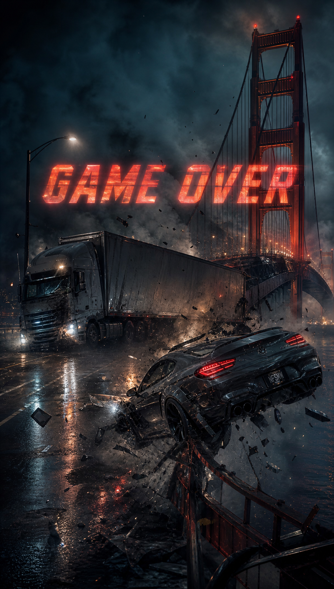 i want a nfs style racing game with the car being a Bmw M6 sport, i want to have the cover , the the car riding on the golden gate bridge , its riding faster on the bridge still , all this time we have cars moving on the other side of the road a massive truck then looses control and swerves in front of the driver the trucks is at the left of frame approaching the driver so driver must go left or right , left they survive the crash , right they fail and driver off the bridge