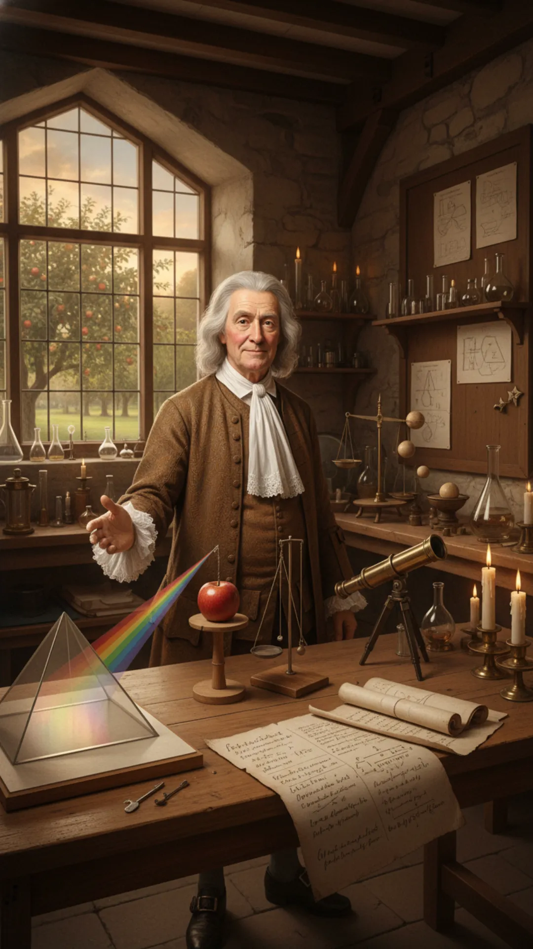 Pretend you are Sir Isaac Newton and explain seven of your greatest discoveries to me. The location should be his known home. in his laboratory and he should have an experimental display explaining each of these discoveries he has made in his life , only character on scene is Issac Newton