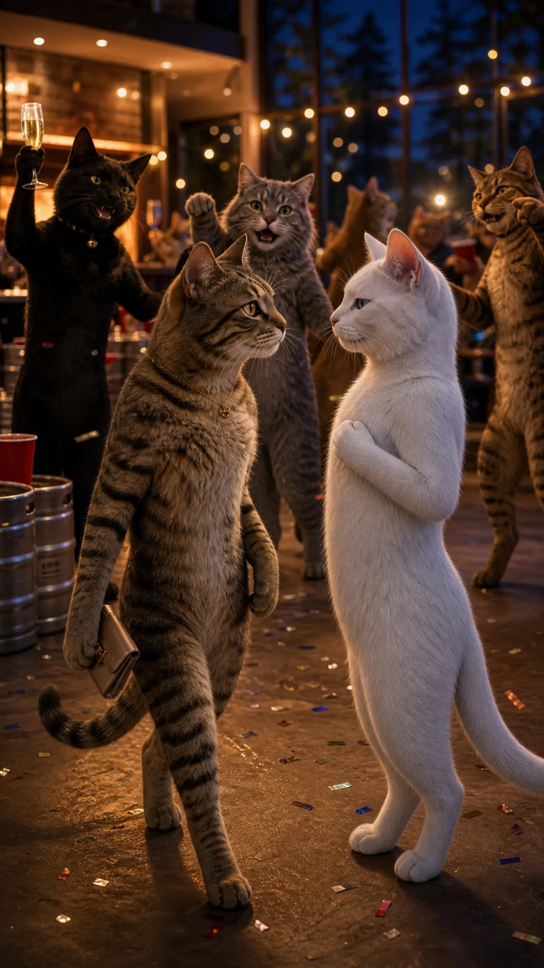 Ah, thanks for clarifying the flow! So Bonno’s singing alone inside the house, moving from fireplace to kitchen to living room, still singing, then suddenly a party kicks off indoors. Then he steps outside singing while his three friends dance behind him in sync. Finally, it cuts back inside where Jenny walks in, comes close to Bonno, and kisses him, inspiring the party to really take off.
Let me reshape the prompt exactly that way for you, keeping the photorealistic, upright cats and detailed emotional expressions:
Scene 1: The title "Lolapalloza" appears in elegant white text. Bonno, a sleek white cat with soft fur and bright blue eyes, stands upright by the fireplace in a warm living room beside a full-height glass wall showing the garden. His posture is relaxed yet eccentric, with half-closed eyes and a gentle, vulnerable expression as he sings quietly with heartfelt honesty, lost in his emotions.
Scene 2: Bonno moves softly into the kitchen, still upright, sipping milk with delicate, careful gestures. His face reflects a quiet longing and emotional openness, ears slightly tilted forward as he continues singing, his voice tender and sincere.
Scene 3: Bonno walks into the living room, still standing upright and singing with deep feeling. Suddenly, his energy inspires a lively party to start in the same room. Photorealistic cats — Larry, a sleek black cat with piercing yellow eyes and a mischievous grin; Jimmy, a fluffy gray cat with kind eyes and a gentle smile; Steve, a sturdy brown tabby with a playful smirk — join the celebration, playing beer pong near kegs and laughing, with joyful and lively expressions.
Scene 4: Bonno steps outside onto the garden patio, still singing upright. Behind him, Larry, Jimmy, and Steve dance in perfect sync, their expressions full of excitement and joy as string lights blink softly overhead, capturing the photorealistic fur textures in the evening light.
Scene 5: Cut back inside the house where Jenny, a graceful tabby cat with warm amber eyes and a soft striped coat, enters standing upright with poised elegance. She approaches Bonno, and their eyes meet with calm hope and emotional warmth. Jenny gently kisses Bonno, whose face shows surprised tenderness and blossoming happiness. The kiss sparks the party to blossom fully inside the house, with upbeat energy and genuine connection.
How’s that? Would you like me to tweak any feelings or add more details on the cats' expressions or surroundings?
