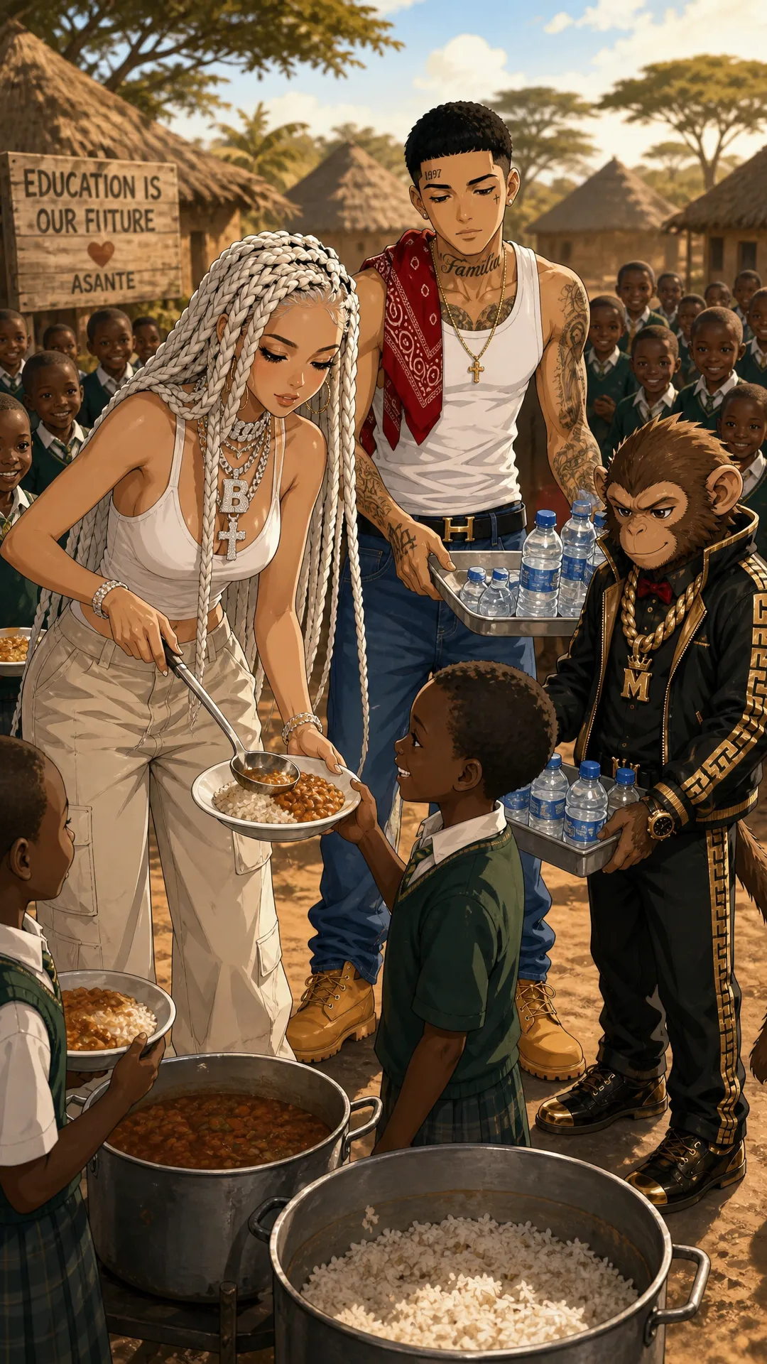 create this music video for me , THe main characters Dora (, light skin latino , rebelious classy lady with skinny build White Braided her usually where a fashionable coat, with a short skimpy dresss beneath, with Luxury high Boots, she usally where lots of dianond in form of chains on her neck ), Monkey Jabo is a Normal meduim sized monkey that works on two feet like a human being would and always has a chain on his neck , sometimes he where a jacket and watch and chain he is dORA'S bEst friend. then lastly Rio is a latino guy , who is the star of this and is singing about Dora (Rio is a slim build latino Guy who lloks like he was workig for the cartel he has taottos on his face and changes between cartel underlyn look to a suit sometimes ) the premise is he tried to save dora by husting but she made it on her own and is now helping him name of song 'GO DORA'
Scene 1: Rio and Dora on a roof top in newyork with chilling while money is looking over the city while leaning on the rail , then it zooms in to Rio Looking at the camera and singing , while dora is slightly in frame as she was close to him rio on his cartel out fit (white tank top red bandana jenas and timberland boots)
Scene 2: rio stands on taht Roof ToP and starts singing , with Dora still sitting down and Rio and Monkey rio on his cartel out fit (white tank top red bandana jenas and timberland boots) and singing and feeling them selves wakling stylishly singing as rio is singing money is behind feeling the song
Scene 3: Now this is a shot of 3 of them on aplane , start with Rio wallking in the plane dressed in A sharp suit , next he is sitting with Dora in the plane with rio to the left and dora to the right and then monkey actual on dora's laps smoking a cigar
Scene 4: Next 3 of them are in a all white get up and each of them wears a unique white jacket , Rio is Upsing while dora is now dancing to the song and Monkey is also there dancing feeling him slef like a boos tese are subltle hip hop style gandster moverments slowly moving and walking around to the song but during Rio is singing (Location a snowy Runied Looking Location they are on a helicopter with an luxury Helicopter Right behind them ), then show Rio driving a ferrari sider on a suburban street in the uk called wigan the ferrari is convertible with roof dropped so Rio is visble in the car
Scene 5: On this scene Rio is about to get i the helicoper while Dora is alreday o and visible , rio is singing to the camera walking to the helicopter in style while moneky is also on view with both hands up in the air next to the mountain lege make this close up high perpesctive shot , then show monkey intrude on the camera final and starts Bopping his head to the users like they should listen this is a close up shot
Scene 6: They at an African Village in Kenya , and Dora and dora is giving meals to school children , then they are at a youth tech innovation center dora created for youths in the usa beinging maga and democrats youth together, this will show dora and rio actually livig and how they spend their lives no singing from rio also add monkey in each of these scenes also helping out
Scene 7: THEY BOTH IS THIER MANSION AS Rio is by the side singing in his cartel clothing , while Dora is signing a guge deal with abunch of old men money is also sitted at the table wearing a Bow tie (no chain here), then next dora is standing and dances to rio with confidence in a sexy way
Scene 8: Dora and Rio climbing the empire state building with mokey far ahead in the lead, then the 2 of them satnd at the Top with monkey handing stylfully from the side of the structure , Rio and Dora hold ecah others hands
Scene 9: On the Top of the Tower Rio is sqauuted down looking at the camera, dora standing in a sexy way with MonEY next to her with arms Folded