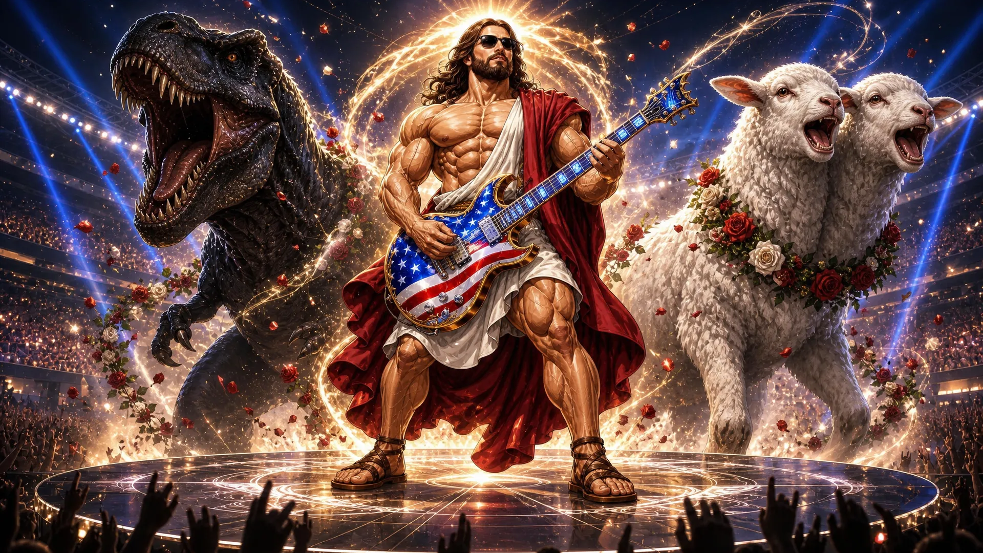 This is a highly passionate and energetic music Video with the topic being a very Muscular  and Huge jesus christ with a very big chest and massive arms appear in the world Cup staduim , on a stage the stage literally animmates from thing air in the stadium, then  a very Muscular  and Huge jesus christ is seen wearing his normal Robe garmet but with rebans glasses on and a usa all color heavenly guitar then he perfroms the intro of the song the crowd looks amazed in awe , some want to cry , then we me through the song with jesus in multiple scenario in a very high extreme intensional passion and extremely music and emotional high impact set of scenes as jesus came to perform this song in his quest for peace , external song will be added so this is in general a visual construction constraints for all multiple scenario scenes will be provided. JeSUS CHRIST has a guitar named Calibri(Guitar Calibri is all american flagged colored and has a heavenly look) song style from suno:'Arena rock anthem with a driving 4/4 beat at 130 BPM in the key of E major, Distorted electric guitars play palm-muted eighth-note power chords in the verses, opening up to sustained chords in the chorus, A prominent synth lead with a saw-wave texture doubles the vocal melody during the hook, The drums feature a heavy kick on every beat with a gated reverb snare on 2 and 4, A gritty bass guitar follows the kick drum pattern, Male vocals are delivered with a raspy, belt-style technique, supported by layered group harmonies in the chorus, The arrangement builds with rising synth risers and cymbal swells leading into the refrain' Scene 1: scene 1 this should have 3 stages , this will be an image with the outside of the stadium showing in a professional way and second shot should be a close up of the stage inside the staduim where jesus christ basically already half fazing in with his angelic band all (white scary looking and beautiful angels they have multi color filled eyes some have only bues hues etc some have all colors in eyes etc and look young and slender and long ) jesus christ half fazing in magically all white looking magic like whit beautifule shiny sandy dusts diamonds fazing in while holding his guitar and the rest of the band on their instrument they should be (3 angels) , then use the as a main as a main third stage jesus completely fades in then he starts singijng and dancing with his band emotionally and intensely , the beat just start and the instrument are going wild and the main attension is jesus christ here as he is doing a guitar solo intro the moment he is in view Scene 2: this has 3 stages he continues his guitar solo , finshes it then starts singing in the second stage he should walk close to the frame and sing to the frame very Upclose and personal (show he slightly far from the frame as a video model will be used on all scenes later as i would make the character walk to the frame then while sing for this scenario ) while he is singing i want realistic lo0king t rex dinosaurs to appear in with that white dust from the left and side of the stage these dinosaurs are all white colored and have gold hairs they have flours on their necks and are dancing intensely to the beats as they fazing in while jesus is still performing intensely Scene 3: he is still in the stadium performing the show and people in the crowd crying the jesus uses white dust and actually appears in Iran millary facility with mislles everywhere and small drones he is hovering and singing intensley while all of tarhanas soldiers all keeling just amazed in awe to see jesus all guns drop, jesus is still singing playing his guitar intensely with passion Scene 4: next He appears above new york on a beauitful spot in broadway singing intensely hovering , its afternoon and donald trump and president of china appear he looks at them while still playing his guitar as they acting like enemies , his face turns to a scary golden lion creation then they quickly hug (donald trump and chi jing ping) and jesus doing all this while still intensely playing his guitar and singing Scene 5: this now focusing on jesus as he is doing another solo in that same spot in newyork broadway but its evening time now there is heavy wind every where lights material and things things like around as the clouds get darker and thunder start striking in the skies all this while jesus still doing his guitar solo then at the end show a large silver rocket flying straight up into the skies with a big space X Logo on It Scene 6: Now Jesus Appears in The Stock Exchange and is singing intensley while money is every as all the stocks just keep going up people literally have money filling up the tables and blocking the way all numbers going up and jesus in the midel of this is sitted looking up and singing , then jeusu is seen performing and singing on skid row and the homeless people start getting clean white dust on their body each one of them a huge Gold bar magically appears in their hands Scene 7: next jesus is on a beach in Brazil , then Vladir mire putin and Zelenske of ukranie they appear he looks at them with that golden lionsih face again then they get scared and hugged themselves , then jesus stops playing for the first time as a boy was playing with a football then jesus starting playing football with the boy doing footstricks Scene 8: Here jesus hovers basically Up in the sky and he is back to playing his intrument and singing intensy he hovers so high every one could see him as he startied emitting light and it was dark , then jesus reach such intensity of the music he basic fazed himself into 6 places at once at the same time he was playing , locations in , africa, America, Australia, Asia, south america, Europe in all locations he was in while playing music massive proffits are being made money is coming in (like people have money running out of ther pockets cars and foods are replicating , houses are being replicated and given an heavenly look new stuctures are being created) Scene 9: then he finally goes back to the staduim in america it all started from his band is in the stage while he is on the field singing while still playing his trusted american flag colored guitar called 'Calibri ' and hamonizing with an heavenly choir as the are ending the somg as he plays the guitar in spaces and pauses they all scream [snare hits, full band enters] Ho! Ho! Ho! Ho!
Caption
