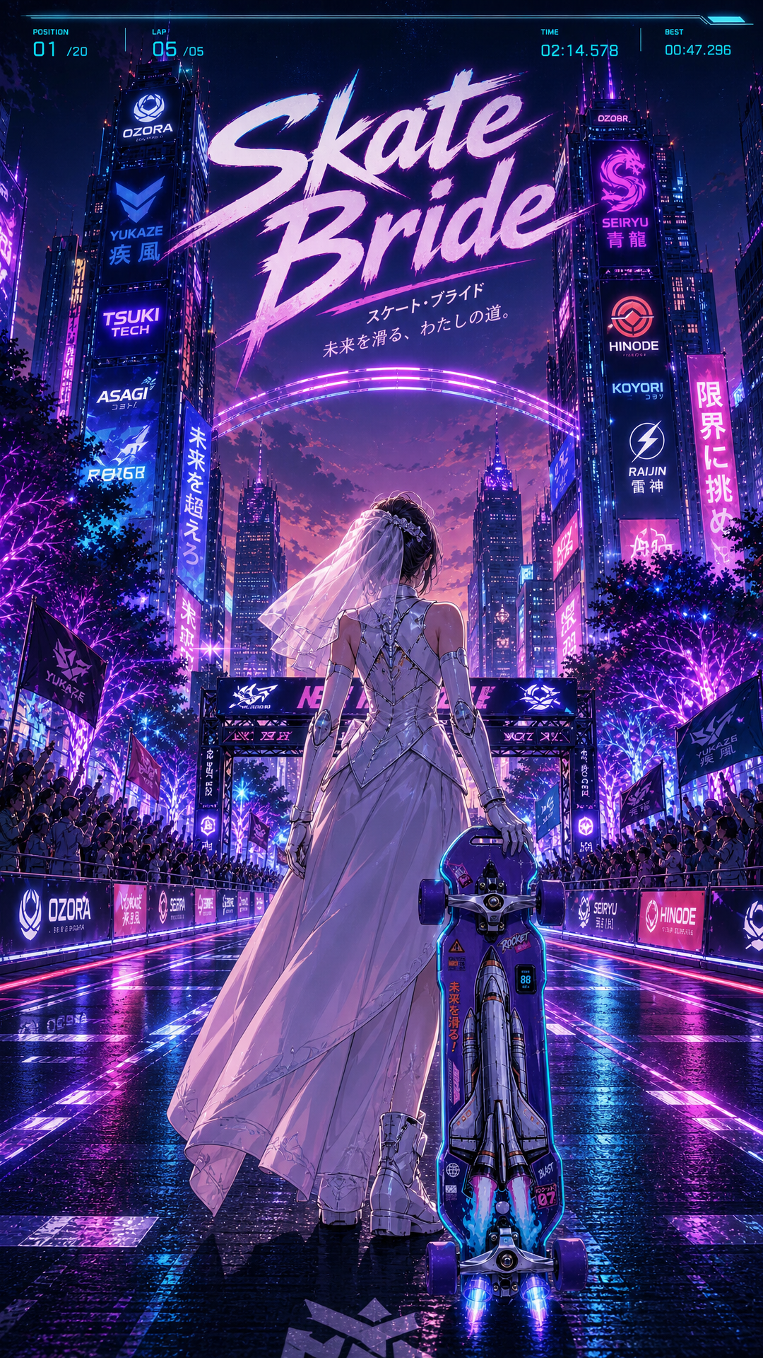 Update: 'chnage this from a sports arena to an outside sports event in a futuristic city so its still a sports event but its hosted ooutside in the city streets , this way having tress as an obstacle makes as there are treee evrywhere and this one just happens to cause the crash on the right railing ', Original prompt:'A third-person futuristic skateboarding racing video game, viewed from behind the character the entire time, set in a neon-filled outdoor sports arena in a cyberpunk city. A skilled skater rides a high-tech skateboard with visible nitro rocket boosters for speed bursts. Scene 1: the rider is at the starting line facing the track, ready to begin. Scene 2: he starts moving forward. Scene 3: he accelerates hard, nitro boosters activated, leaving glowing speed trails. Scene 4: he reaches a split rail section with grinding rails on both sides, where the right rail has dangerous tree branches growing into it as a visual warning. Scene 5: he chooses the right rail, begins grinding, hits the branches, and falls off. Scene 6: he jumps onto the left rail, grinds smoothly through the rails, then jumps off. Scene 7: he rides at full speed and crosses the finish line. The same futuristic neon sporting location continues through the whole sequence, with crowds cheering at the finish if he wins or booing if he fails. Cinematic, dynamic motion, sleek cyberpunk lighting, dramatic third-person gameplay feel, high-energy action, detailed environment, back view of the character, professional skate race atmosphere.'