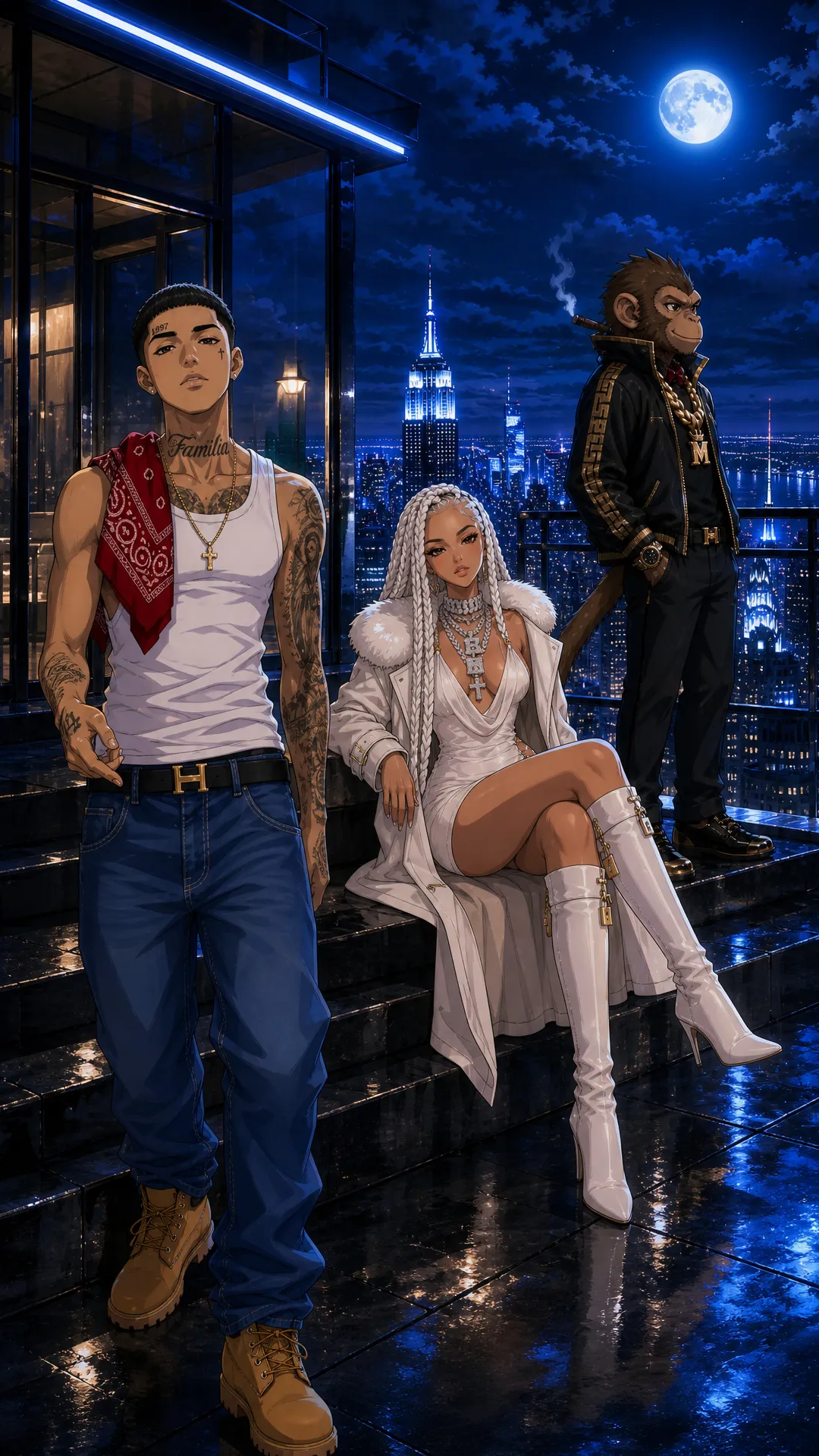 create this music video for me , THe main characters Dora (, light skin latino , rebelious classy lady with skinny build White Braided her usually where a fashionable coat, with a short skimpy dresss beneath, with Luxury high Boots, she usally where lots of dianond in form of chains on her neck ), Monkey Jabo is a Normal meduim sized monkey that works on two feet like a human being would and always has a chain on his neck , sometimes he where a jacket and watch and chain he is dORA'S bEst friend. then lastly Rio is a latino guy , who is the star of this and is singing about Dora (Rio is a slim build latino Guy who lloks like he was workig for the cartel he has taottos on his face and changes between cartel underlyn look to a suit sometimes ) the premise is he tried to save dora by husting but she made it on her own and is now helping him name of song 'GO DORA'
Scene 1: Rio and Dora on a roof top in newyork with chilling while money is looking over the city while leaning on the rail , then it zooms in to Rio Looking at the camera and singing , while dora is slightly in frame as she was close to him rio on his cartel out fit (white tank top red bandana jenas and timberland boots)
Scene 2: rio stands on taht Roof ToP and starts singing , with Dora still sitting down and Rio and Monkey rio on his cartel out fit (white tank top red bandana jenas and timberland boots) and singing and feeling them selves wakling stylishly singing as rio is singing money is behind feeling the song
Scene 3: Now this is a shot of 3 of them on aplane , start with Rio wallking in the plane dressed in A sharp suit , next he is sitting with Dora in the plane with rio to the left and dora to the right and then monkey actual on dora's laps smoking a cigar
Scene 4: Next 3 of them are in a all white get up and each of them wears a unique white jacket , Rio is Upsing while dora is now dancing to the song and Monkey is also there dancing feeling him slef like a boos tese are subltle hip hop style gandster moverments slowly moving and walking around to the song but during Rio is singing (Location a snowy Runied Looking Location they are on a helicopter with an luxury Helicopter Right behind them ), then show Rio driving a ferrari sider on a suburban street in the uk called wigan the ferrari is convertible with roof dropped so Rio is visble in the car
Scene 5: On this scene Rio is about to get i the helicoper while Dora is alreday o and visible , rio is singing to the camera walking to the helicopter in style while moneky is also on view with both hands up in the air next to the mountain lege make this close up high perpesctive shot , then show monkey intrude on the camera final and starts Bopping his head to the users like they should listen this is a close up shot
Scene 6: They at an African Village in Kenya , and Dora and dora is giving meals to school children , then they are at a youth tech innovation center dora created for youths in the usa beinging maga and democrats youth together, this will show dora and rio actually livig and how they spend their lives no singing from rio also add monkey in each of these scenes also helping out
Scene 7: THEY BOTH IS THIER MANSION AS Rio is by the side singing in his cartel clothing , while Dora is signing a guge deal with abunch of old men money is also sitted at the table wearing a Bow tie (no chain here), then next dora is standing and dances to rio with confidence in a sexy way
Scene 8: Dora and Rio climbing the empire state building with mokey far ahead in the lead, then the 2 of them satnd at the Top with monkey handing stylfully from the side of the structure , Rio and Dora hold ecah others hands
Scene 9: On the Top of the Tower Rio is sqauuted down looking at the camera, dora standing in a sexy way with MonEY next to her with arms Folded